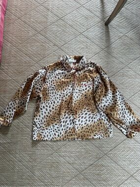 Oscar de la Renta Cream and Brown Leopard Print Silk Pajama Top
